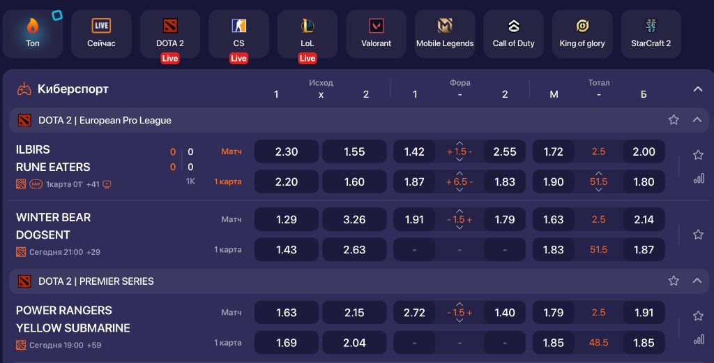 Киберспорт в приложении Winline